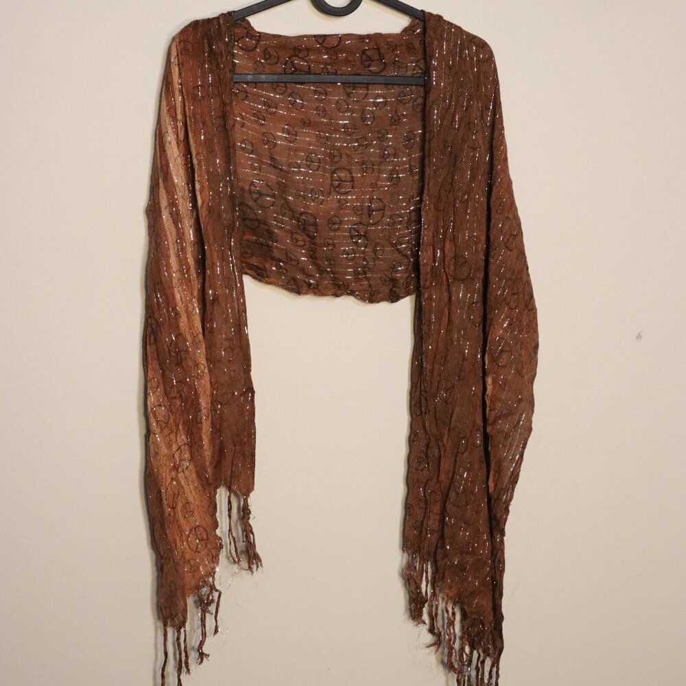 Peace symbol dark brown and browns with silver thread highlights scarf